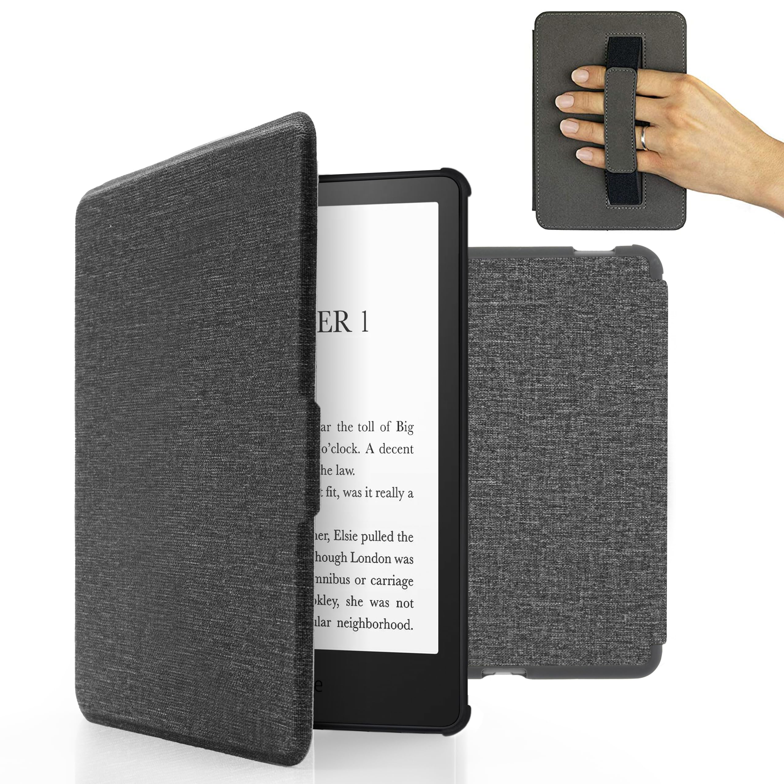 MyGadget Cover compatible with Tolino Vision 1 | 2 | 3 | 4 Magnetic Flip Case - Bookstyle Protector with Elastic Hand Strap - Light Grey