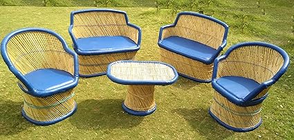 PatioStack Bamboo Outdoor Vintage Rattan & Wicker Sitting Sofa Chair & Table Furniture Set for Garden/Terrace / Lawn and Living Room [ 2 Chairs, 2 Double Seater Sofa Chairs & 1 Table ]