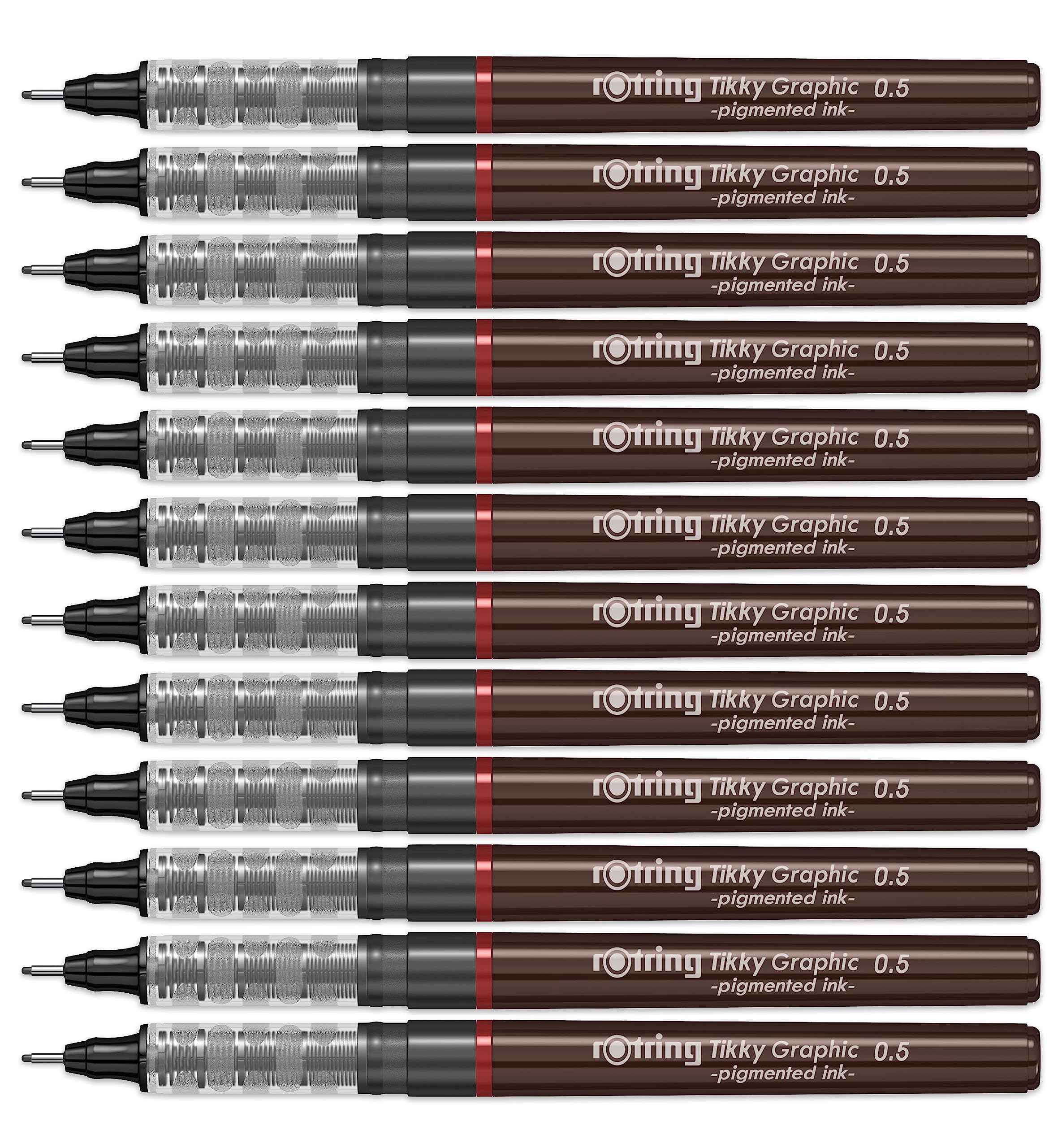 rOtring Tikky Graphic Fibre Tip Pens | 0.50 mm | Black Ink | Burgundy Barrels | Box of 12 Fineliners