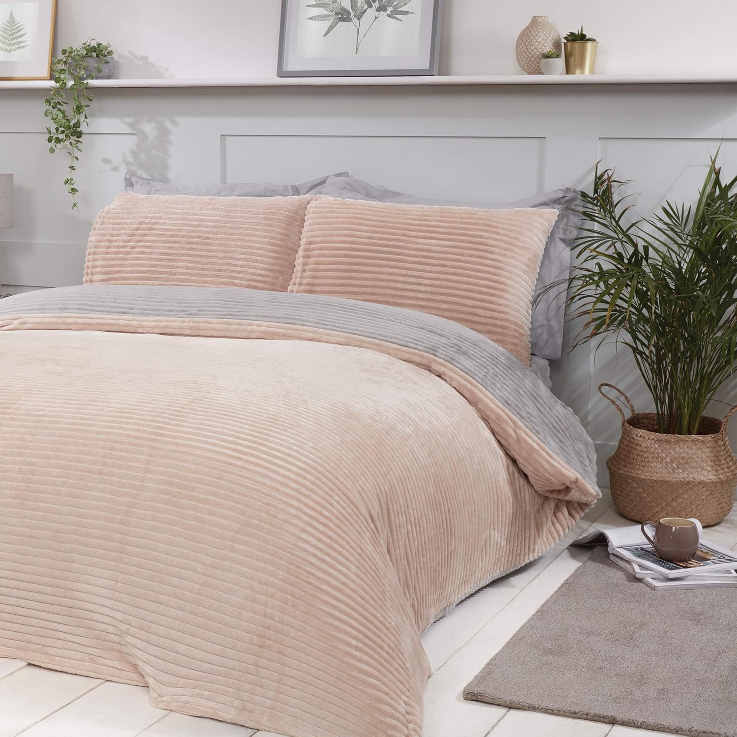 Sleepdown Ribbed Fleece Champagne Reversible Soft Duvet Cover Quilt