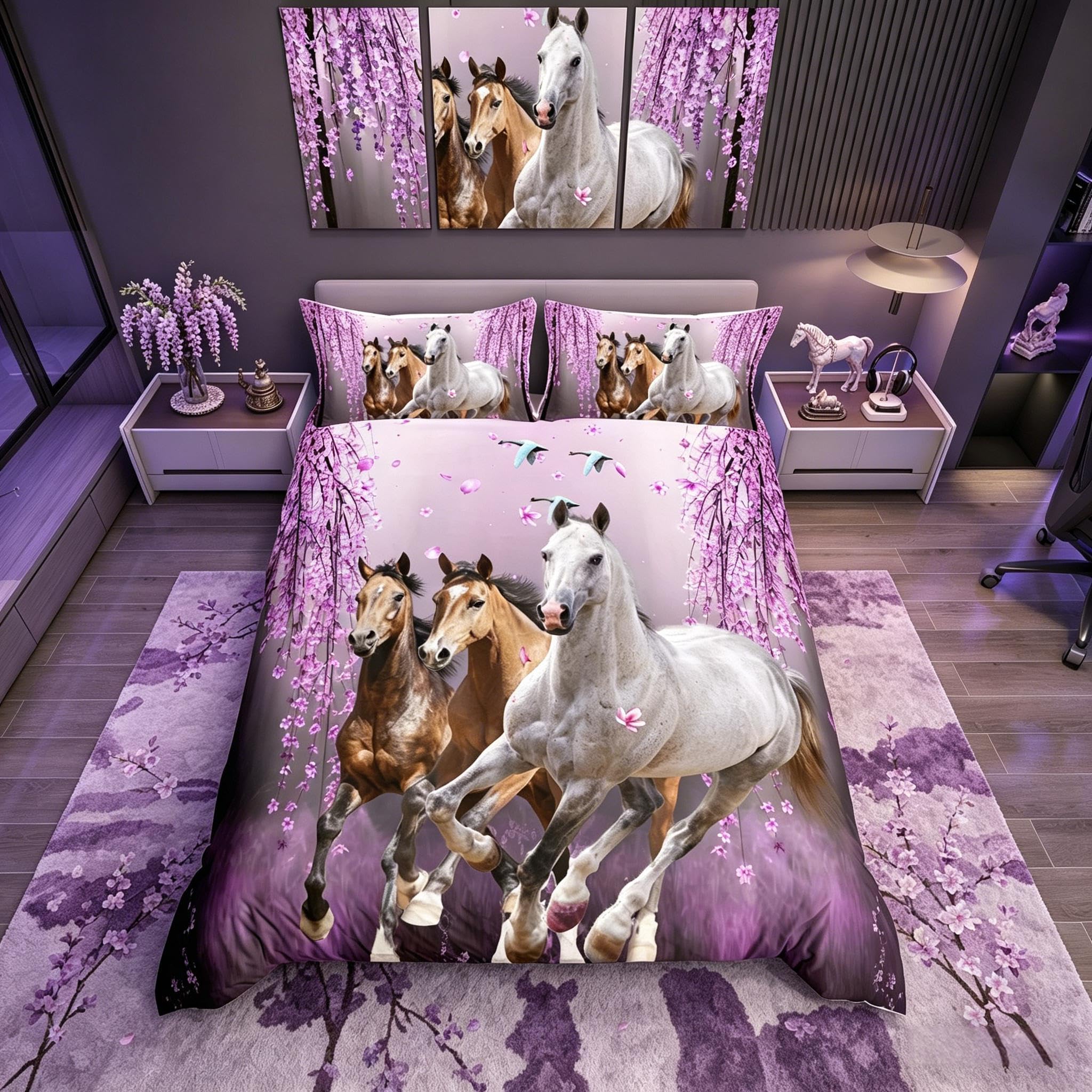 Loussiesd Boys Horse Duvet Cover Cherry Blossom Branches Kids Women Lavender Purple Bedding Set Girls Teens Galloping Horse Comforter Cover Animal Decor Quilt Cover Bedroom Collection 3Pcs Double