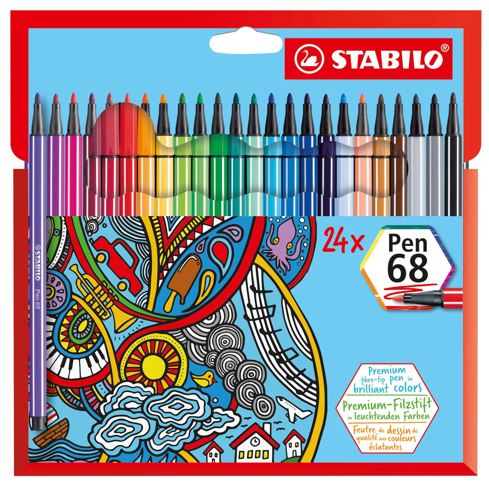 Premium Felt Tip Pen - STABILO Pen 68 - Wallet of 24 - Assorted Colours