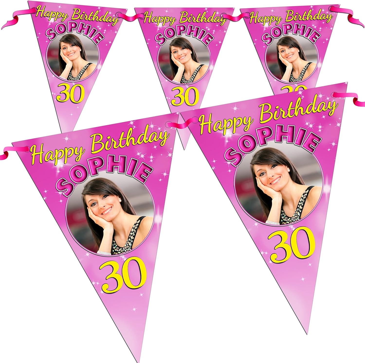 Personalised Pink Happy Birthday Party Photo Flag Banner Bunting