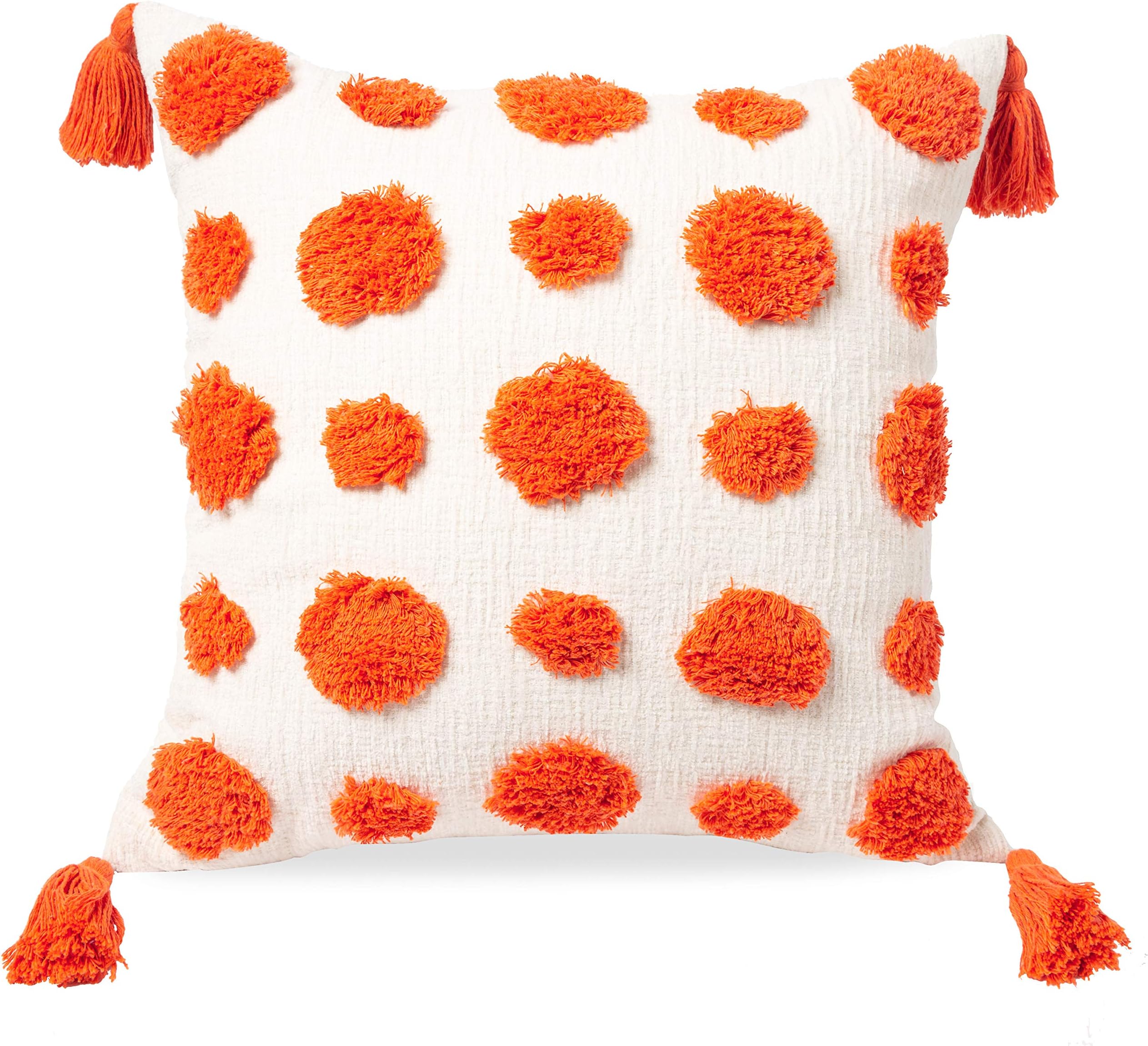 PLWORLD Boho Decorative Throw Pillow Cover, Chenille Woven Outdoor Tufted Cushion Case with Pom-poms and Tassels for Couch, Bed, Sofa, 1 PC, 18x18 Inch, Reddish Orange
