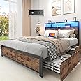 Lifezone Full Bed Frame with 2-Tier Storage Headboard, Metal Platform Bed Frame with 4 Storage Drawers, Built in Charging Station & LED, Noise-Free/Metal Support/No Box Spring Needed, Vintage Brown