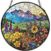 FUGWN Stained Glass Suncatcher Mountain Wildflowers, Cottagecore Wildflower Sun Catchers Indoor Window Round Glass Wall Art Decor, Floral Suncatcher Wall Hanging, Gardening & Lawn Care