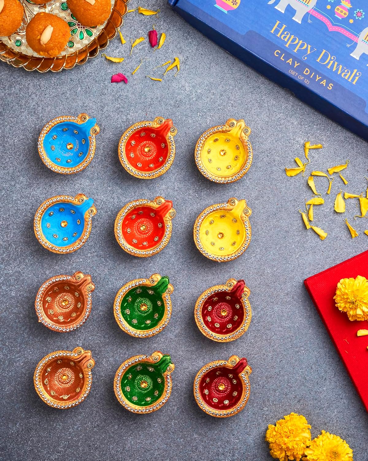 Oil Lamps & Accessories - IndoTribe 12Pc Diwali Diyas For Decoration Diwali Decorations For Home Diwali Lights Diwali Decor Diwali Diya Diwali Candle Diwali Gifts For Friends Clay Diya For Diwali Tea Lights Candles Diwali Diya