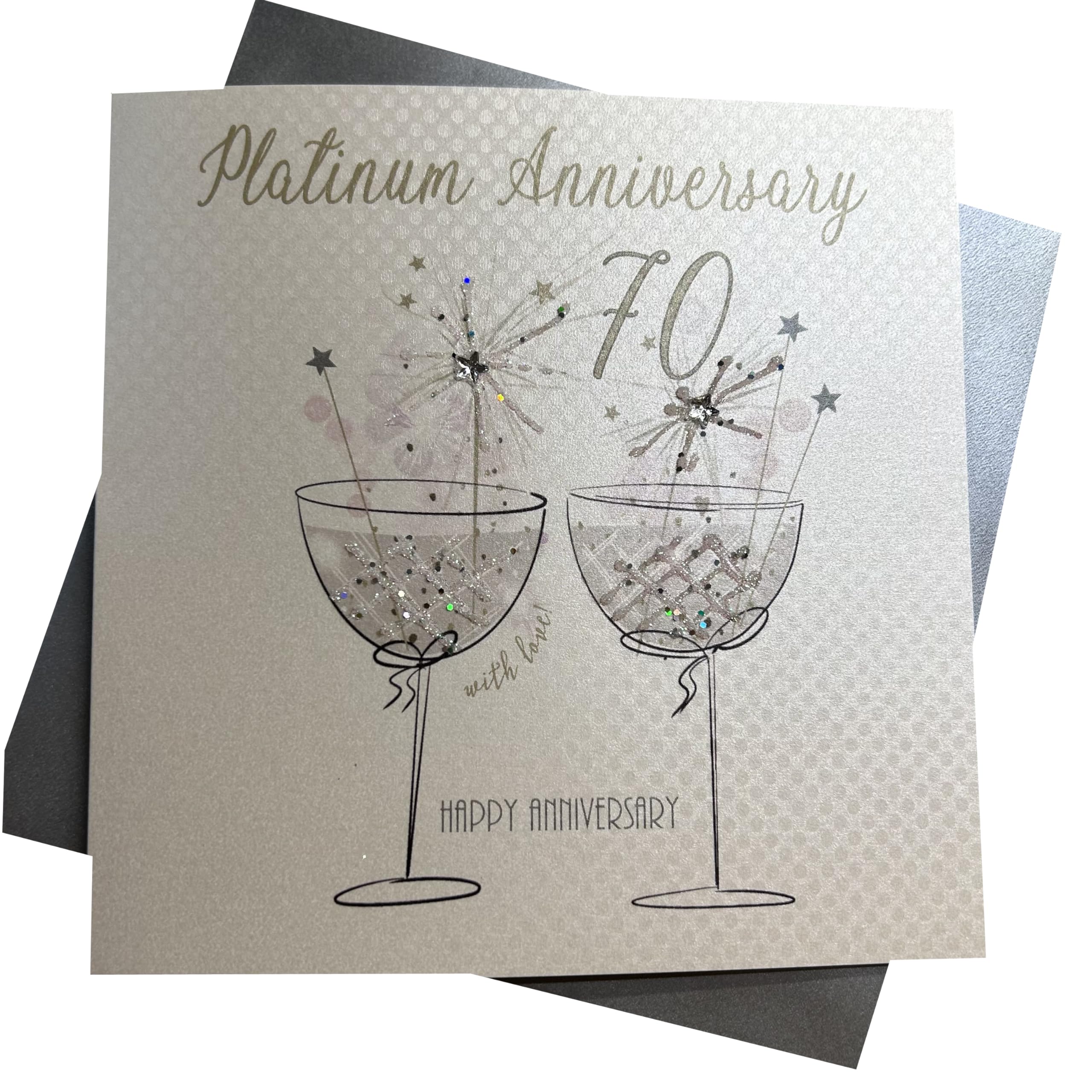 White Cotton Cards Flutes Happy Anniversary 'Platinum' 70 Years Handmade Anniversary Card, White, BD170, 16cm X 16 cm