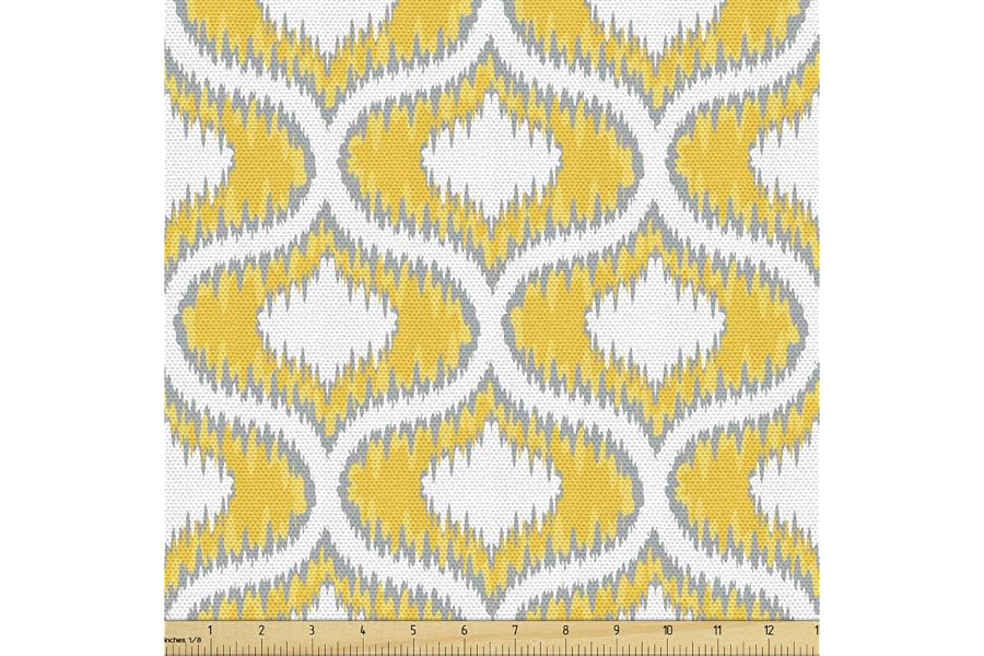 Lunarable Ikat Fabric by The Yard, Abstract Style Exotic Ikat Chain Patterns Retro Cloud Design, Decorative Fabric for Upholstery and Home Accents, 2 Yards, Yellow Ecru