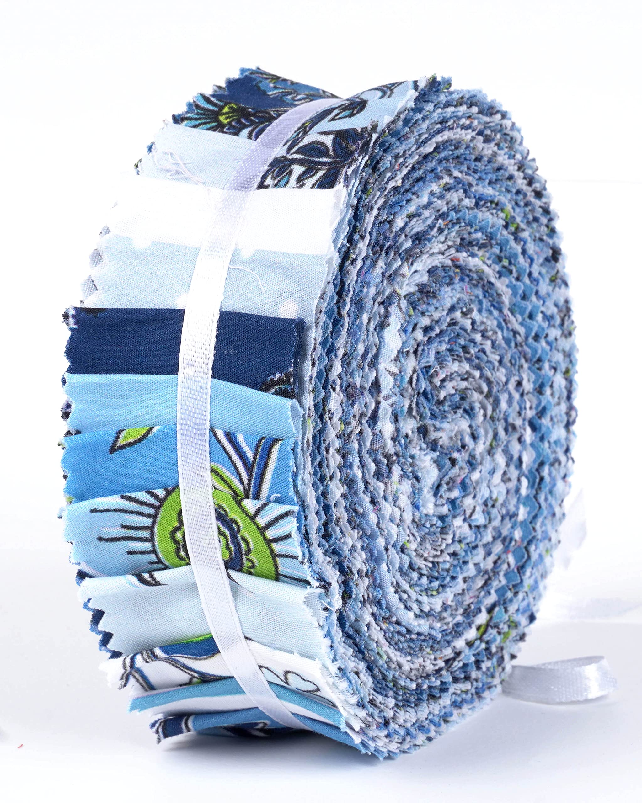 Soimoi 40Pcs Block Print Precut Fabrics Strips Roll Up 1.5x42inches Cotton Jelly Rolls for Quilting - Blue