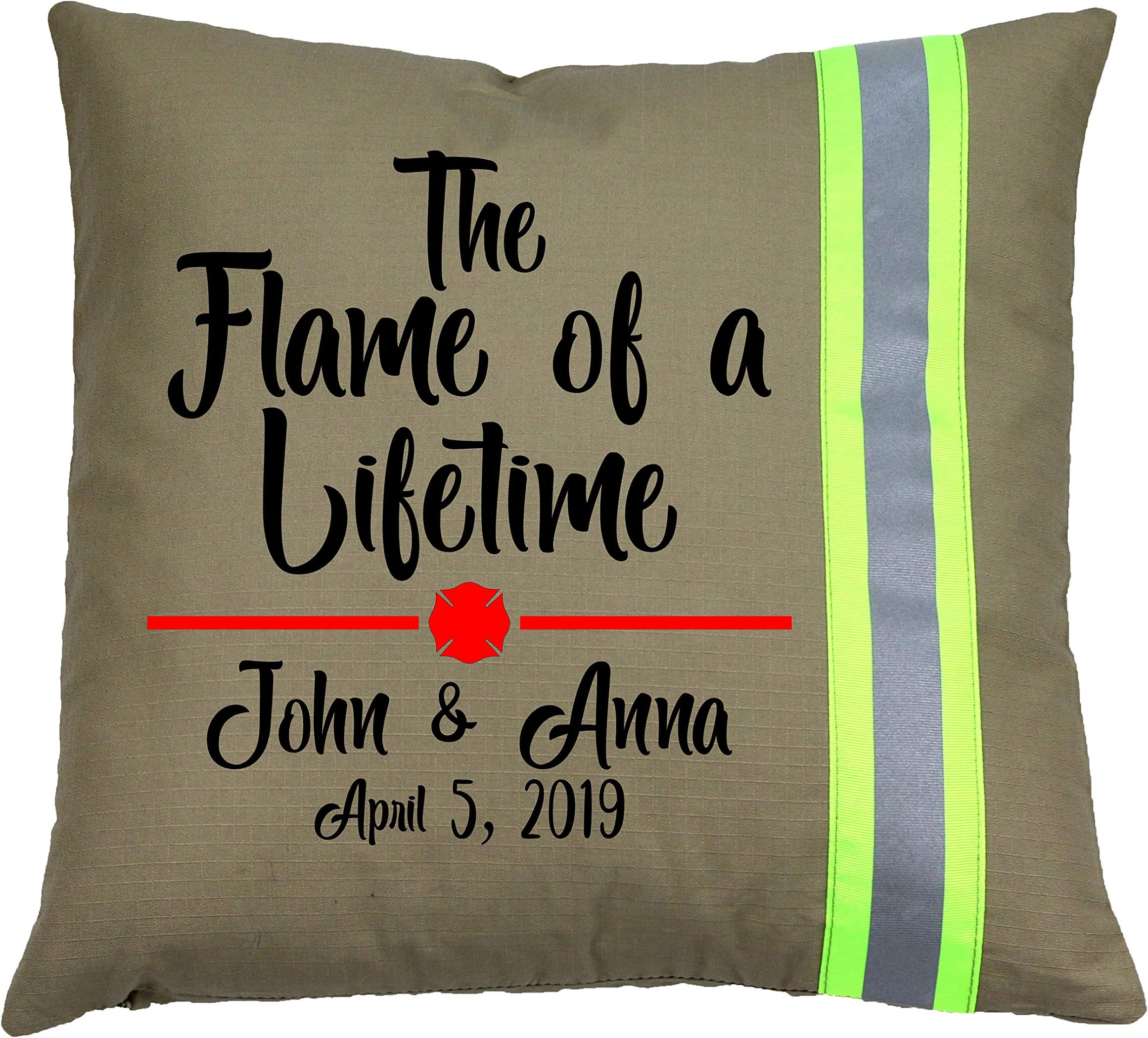 Fully Involved Stitching Firefighter Personalized Tan Flame of a Lifetime Throw Pillow