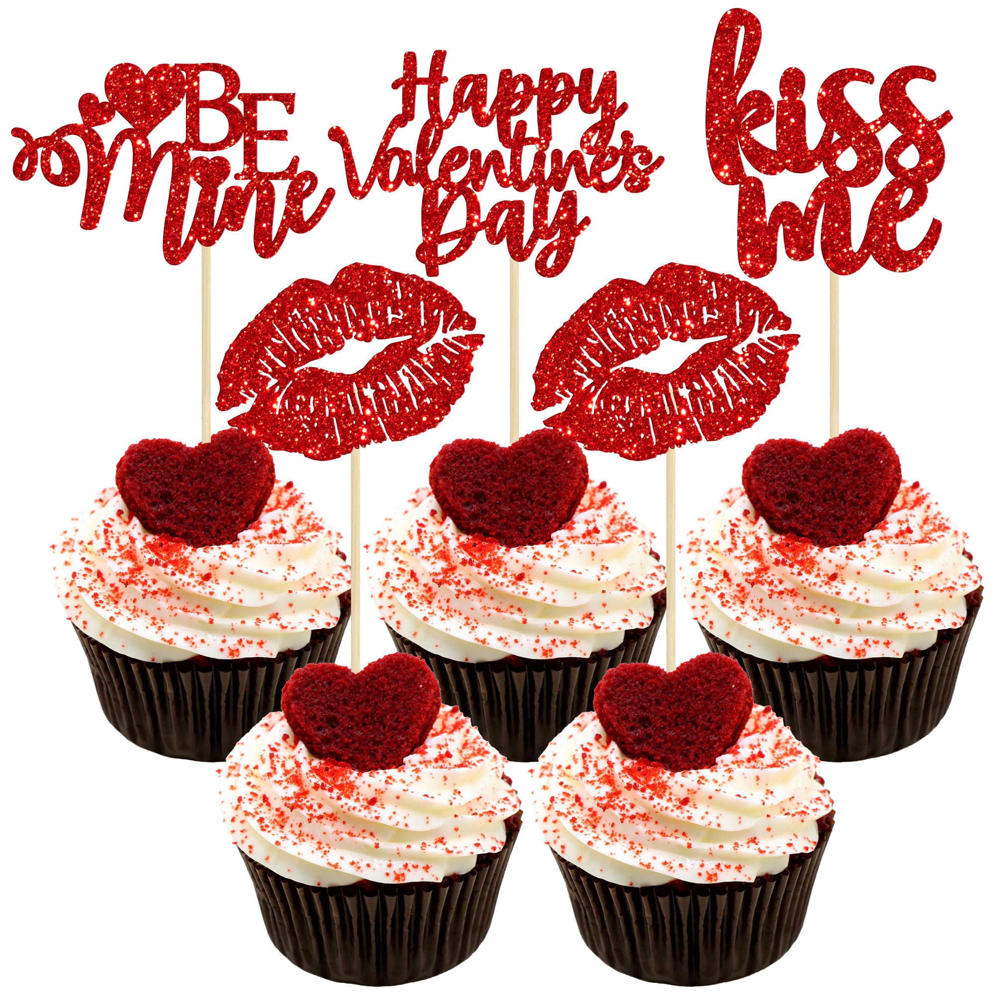 Gyufise 24 Pack Red Glitter Happy Valentine's Day Cupcake Toppers Be Mine Kiss Me Lipstick Cupcake Picks for Valentine Theme Sweet Love Theme Wedding Engagement Bridal Shower Party Cake Decorations