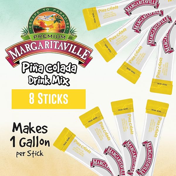 MARGARITAVILLE GALLONS TO GO POWDERED DRINK MIX, 8-COUNT BOX– PINA COLADA – LOW CALORIE AND ZERO SUGAR DRINK MIX, EACH STICK MAKES 1 GALLON-SIZED PITCHER