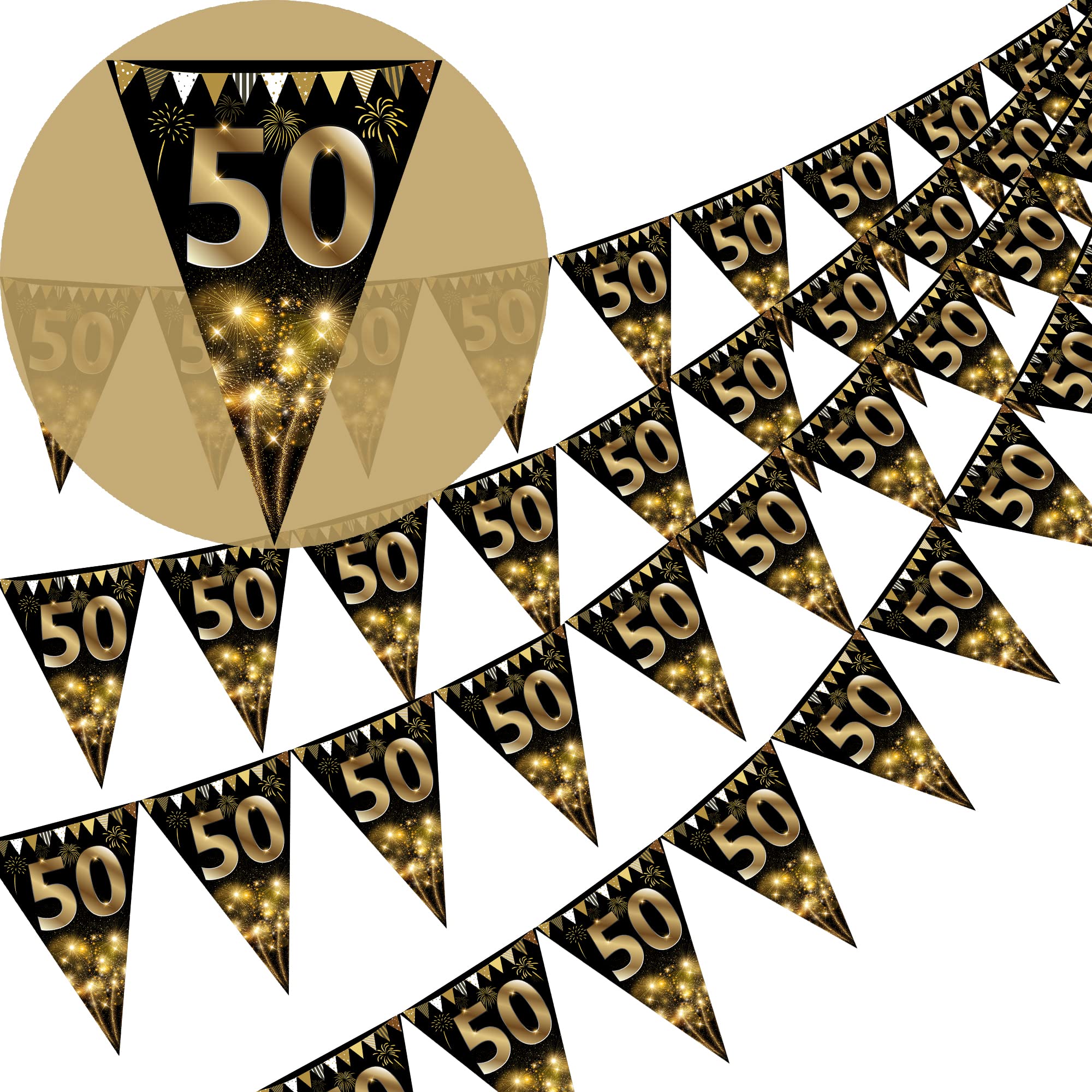 40Pcs Happy Birthday Banner Bunting Flags Gold and Black Glitter 50th Birthday Anniversary Party Decoration Supplies,Triangle Flag Banners for Men Women
