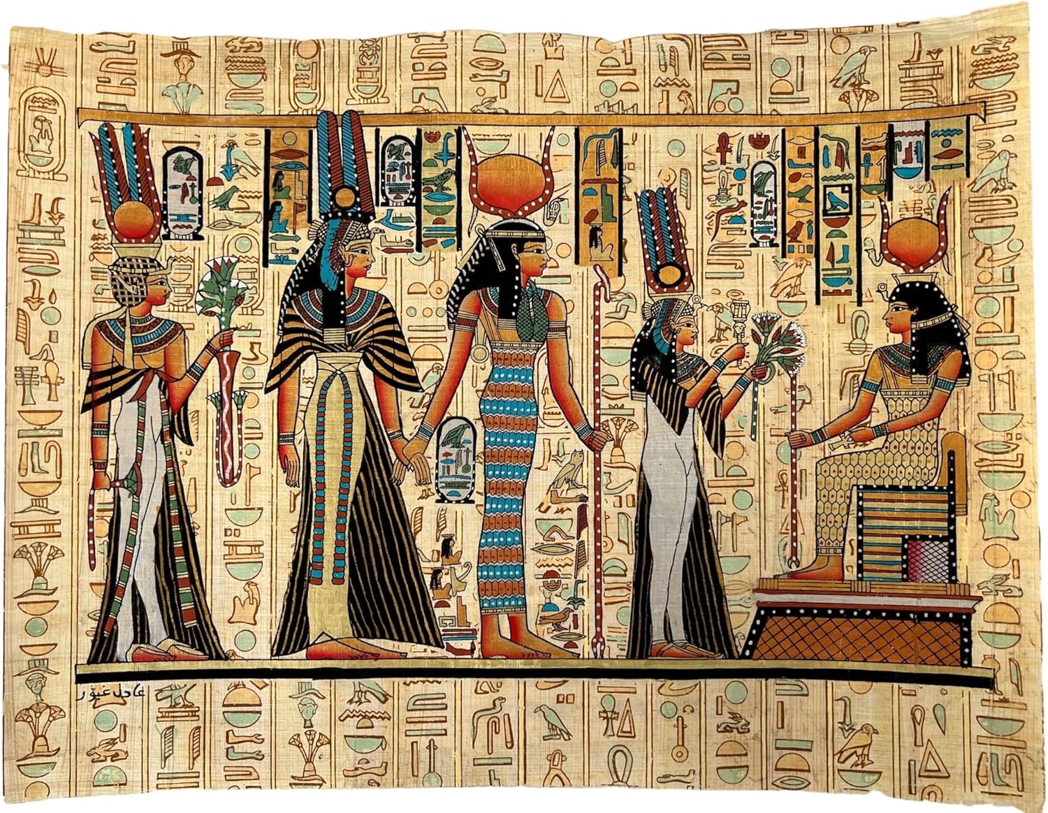 Paintings - Queen Nefertari Making An Offering of Lotus Flowers to The Goddess Isis Egypt Goddess – Hieroglyphs Papyrus Painting Art – Gift For Kemetic – Unframed – Frameable – 17x13 inches