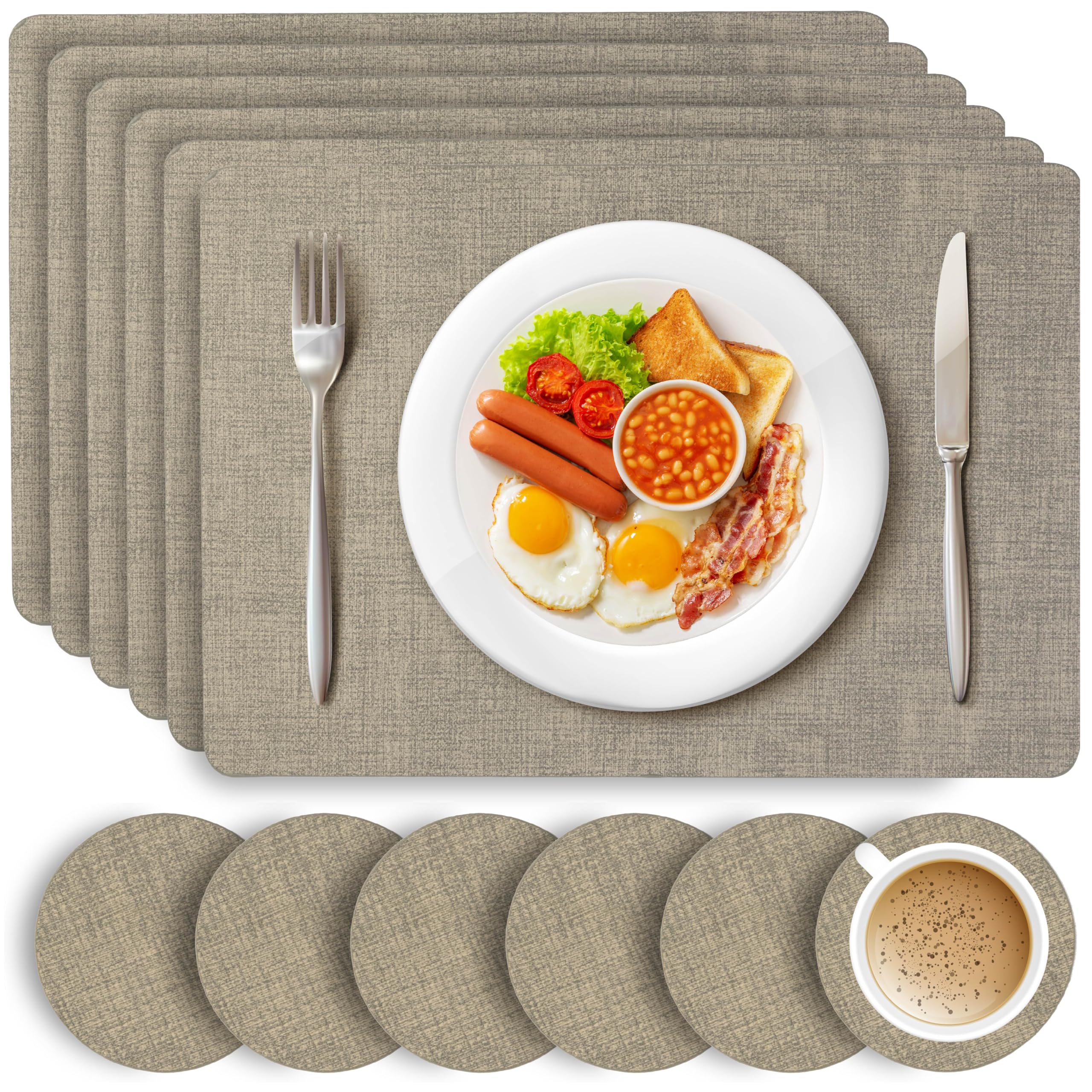 HEFTMAN Light Grey Placemats and Coasters - Set of 6 Large PU Leather Coasters and Place Mats for Table, Heat Resistant up to 100℃, Stain Resistant Wipe Clean Placemats, 43cm x 30cm
