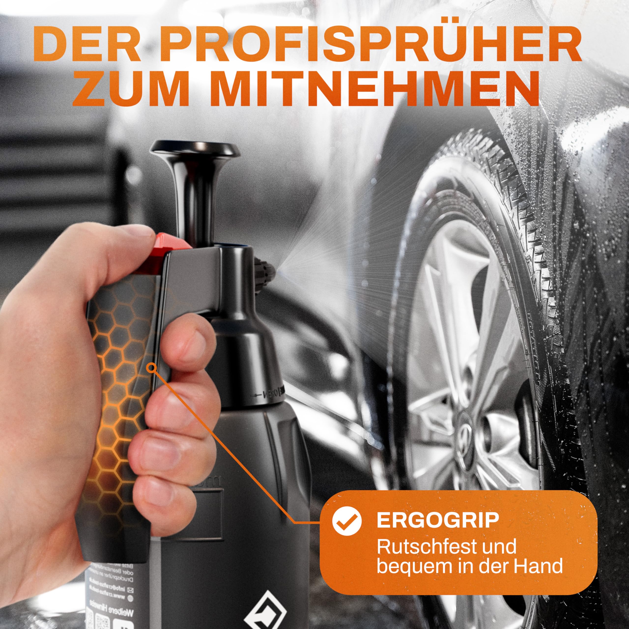 CRAFTUS® Drucksprüher 1L für gleichmäßige Verteilung von Flüssigkeit I Pumpsprühflasche für KFZ, Haus, Garten, Reinigungsmittel UVM. I Pumpflasche mit Überdruckventil & Verstellbarer Düse 5