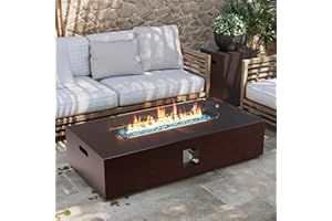 UPHA 56-inch Outdoor Propane Gas Fire Pit Table 50000 BTU Iron Rectangle Firepit for Outside Patio with Tank Hidden Table, Wind Guard, Removable Lid, Blue Glass Rocks, Rain Cover, Brown