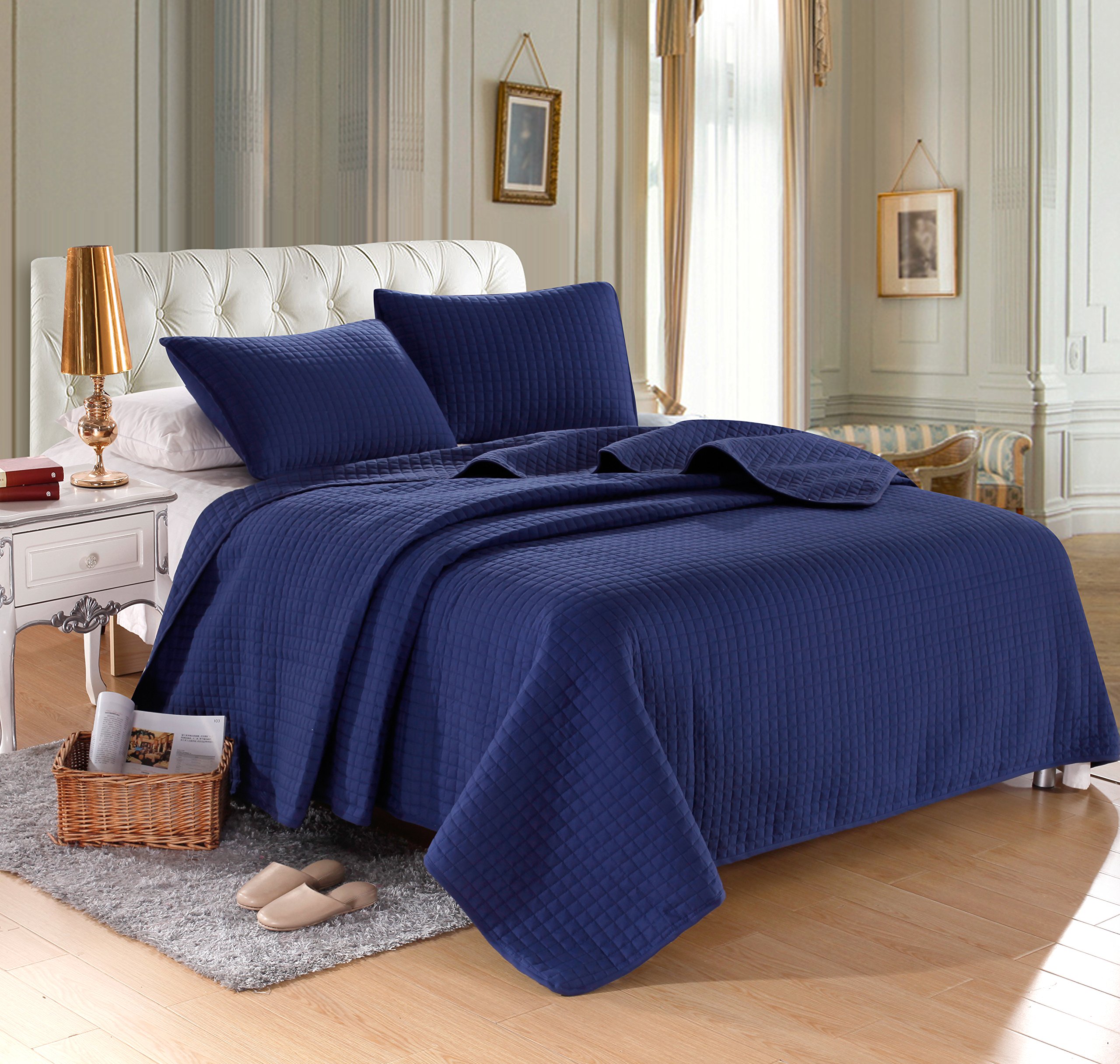 QUEEN NAVYBLUE Solid color Quilted Bedspread Coverlet(90”x102”) +2
