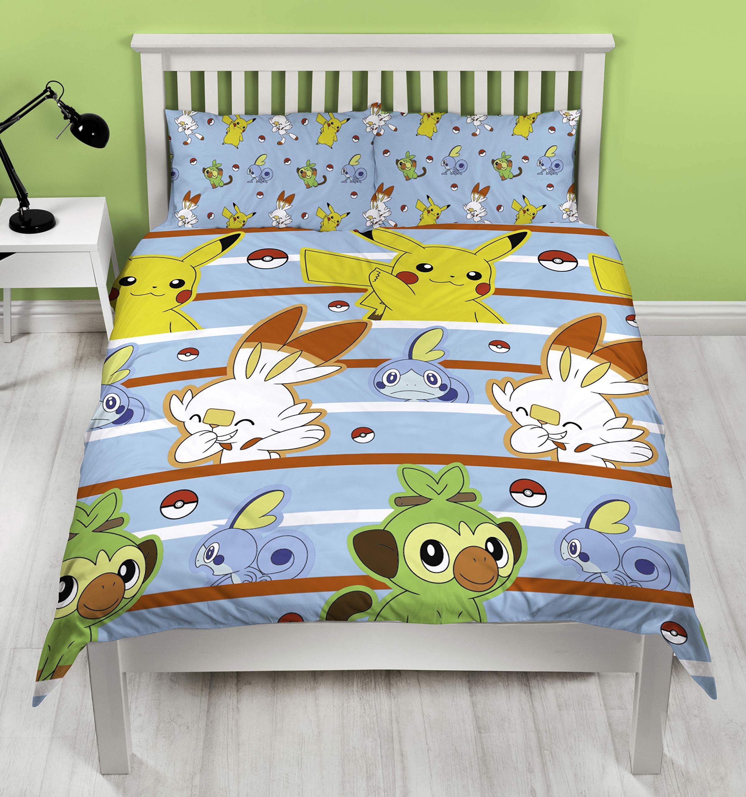 Pokemon Jump Double Duvet Cover | Featuring Pikachu, Grookey, Scorbunny, and Sobble Inc | Officially Licensed Blue Polyester Reversible Two Sided Design