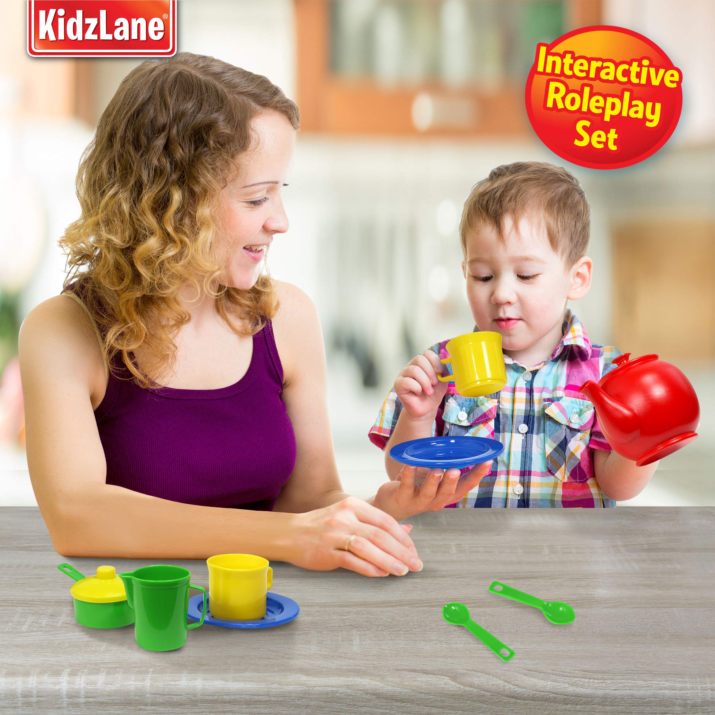 Kidzlane Play Tea Set, 15+ Durable Plastic Pieces, Safe and BPA Free for Childrens Tea Party and Fun