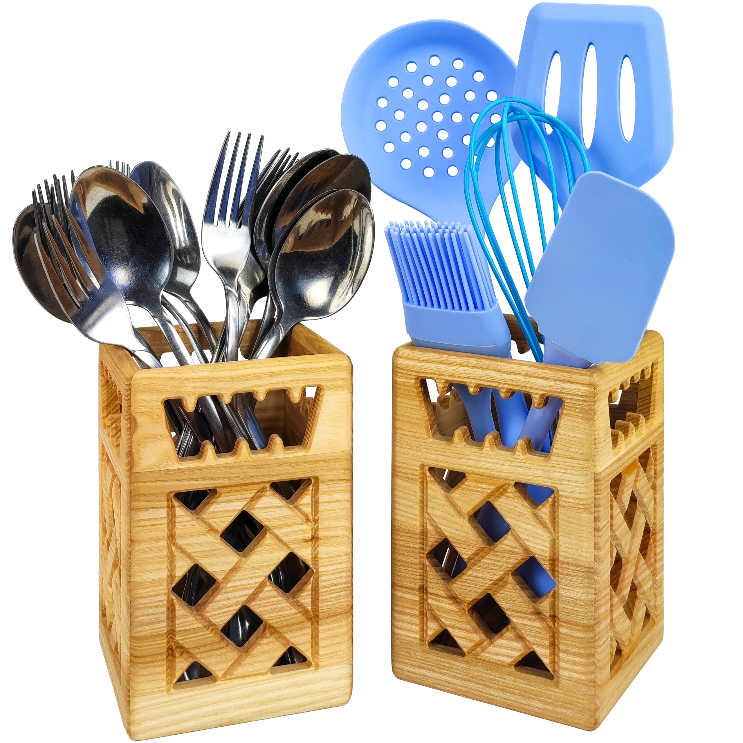 Wood Wedge Premium Utensil Holder, set of 2 in Rustic Wood style for Farmhouse Kitchen Decor, Countertop Organizer and Cooking Tools Storage, 100% Ash Wood