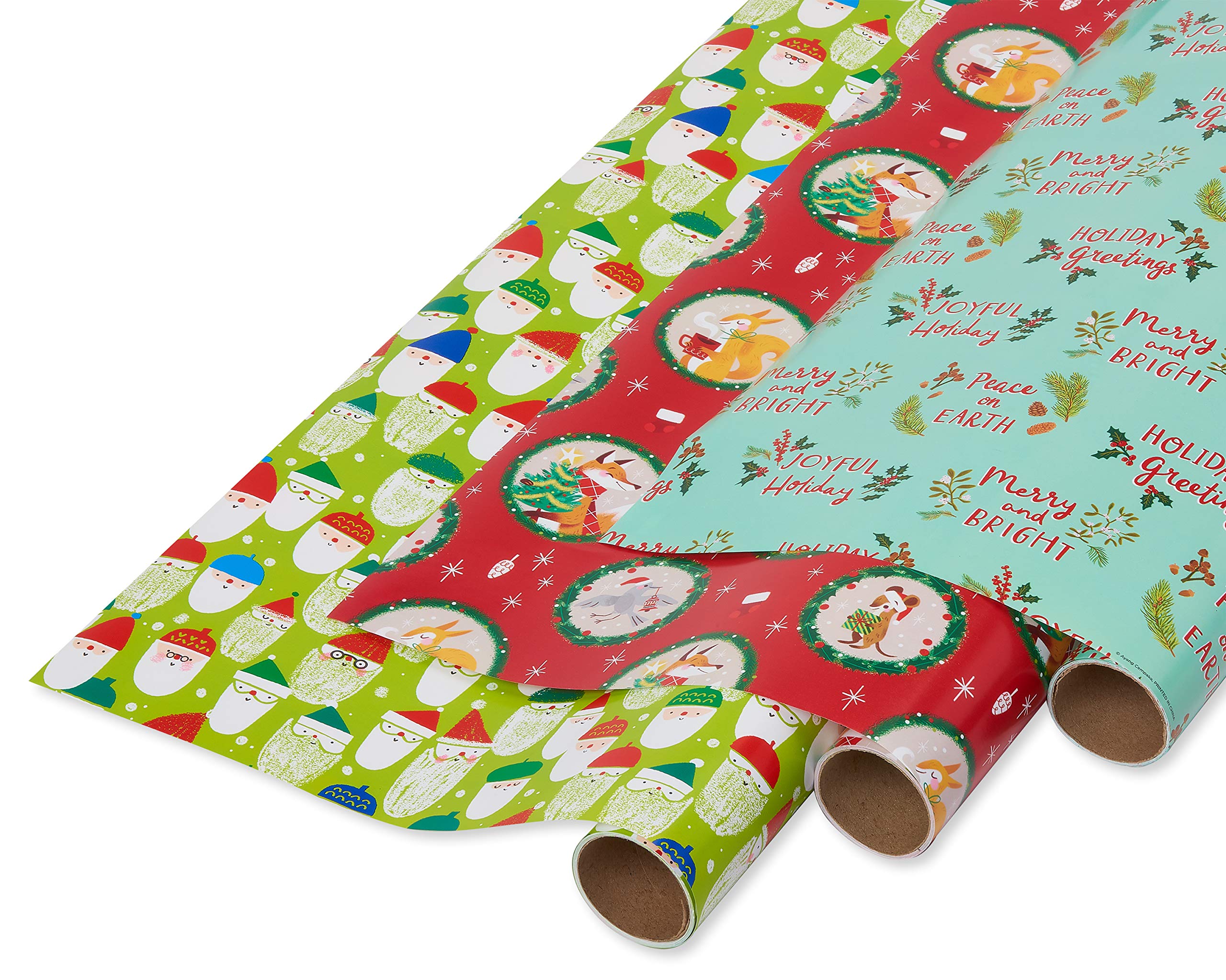 Papyrus 6392771 Christmas Wrapping Paper, Santa Toss, Holiday Friends and Peace on Earth (3 Pack), Multicolor