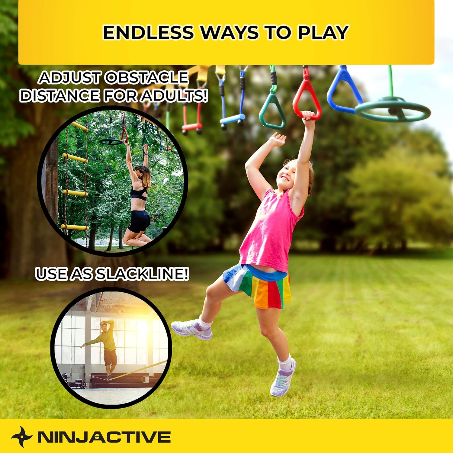 NINJACTIVE Ninja Warrior Obstacle Course for Kids - Weatherproof 50' Ninja Slackline Kit with 10 Obstacles Like Ladder, Spinning Wheel - Ninja Warrior Training Equipment with Slack Line for Backyard: Toys & Games