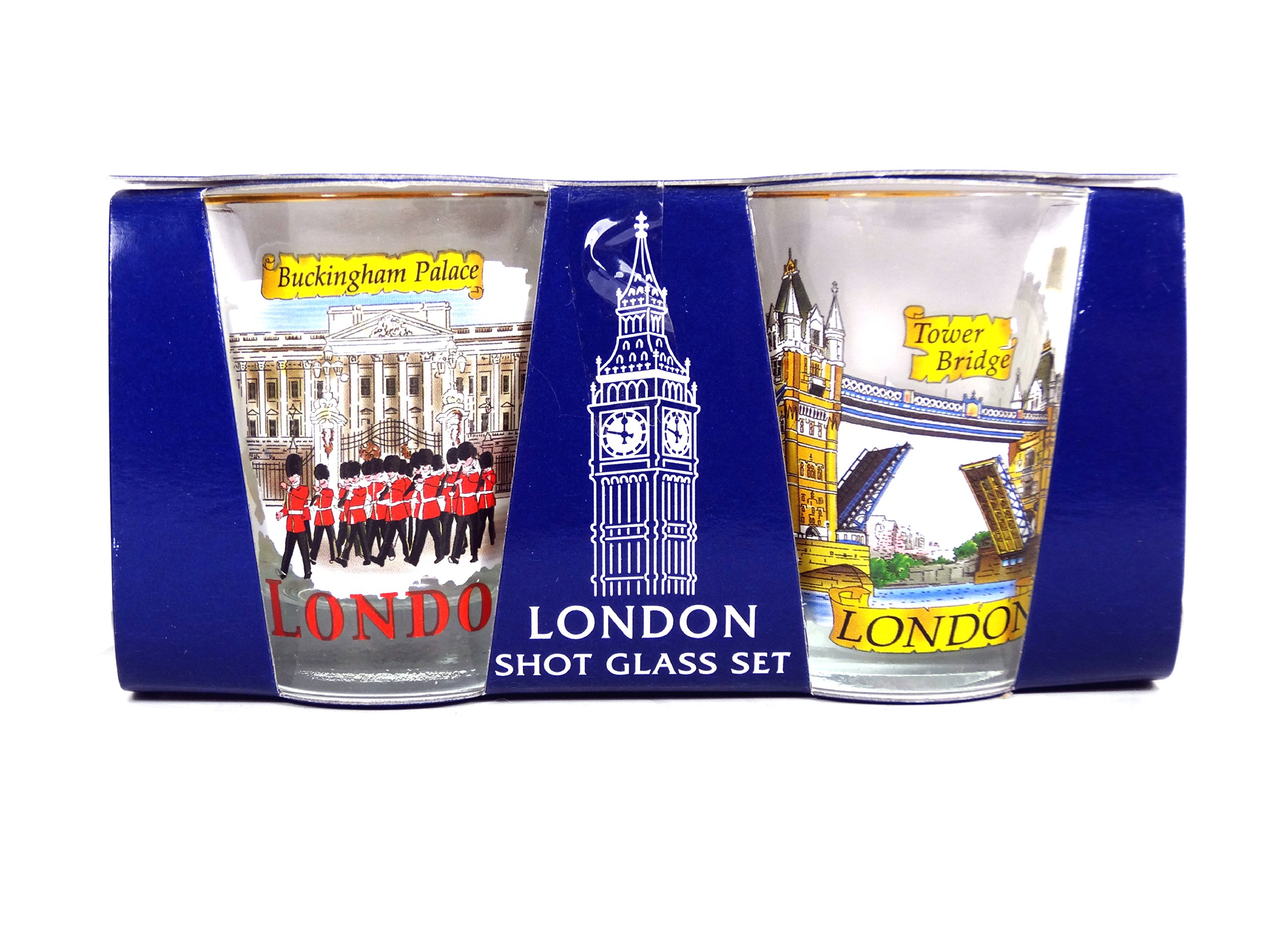 Round Gold Rim Shot Glasses with London Scens and Icons Print, Set of 2 Glasses