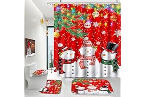 ENYORSEL Christmas Bathroom Set, Shower Curtain Sets with Rugs Incl Shower Curtain with 12 Hooks, Soft Non-Slip Bath Mat, Toilet U-Shaped Floor Mat and Toilet Lid Cover Mat for Bathroom Decor