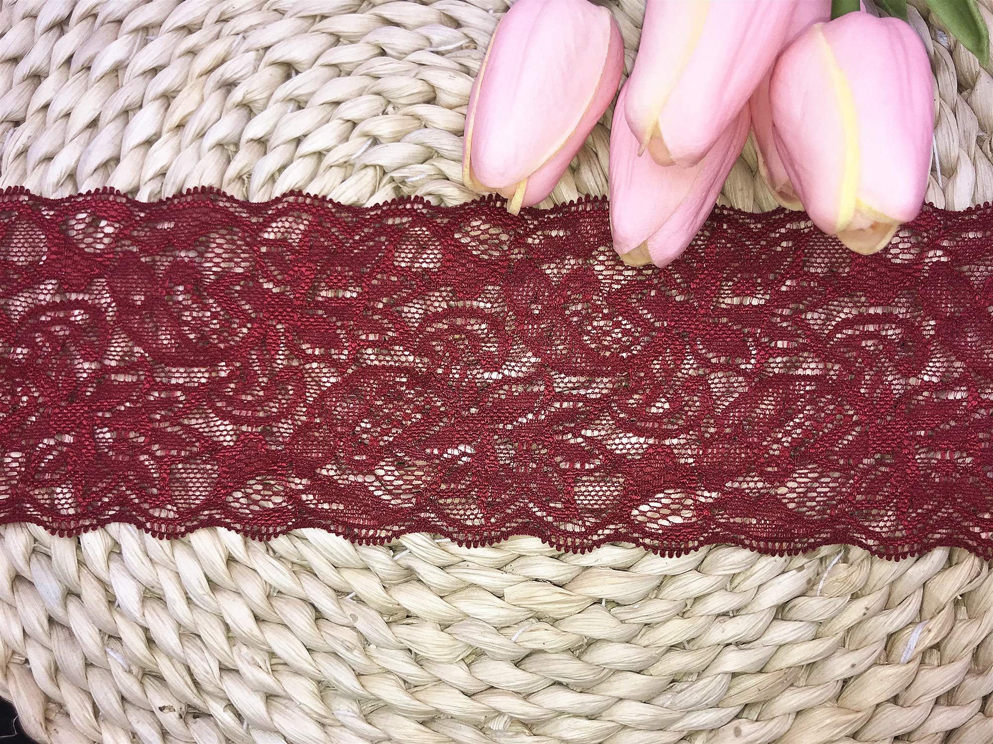 8CM Width Europe Belt Pattern Elastic Nylon Lace Trim,Curtain Tablecloth Slipcover Bridal DIY Clothing/Accessories.(5 Yards in one Package) (Burgundy)