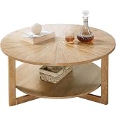 DS-HOMEPORT Round Coffee Table, 35" Circle Wood Coffee Table with Storage Shelf, 2 Tier Center Table for Living Room Apartment Home Furniture, Easy Assembly (Light Brown,35" Dx35 Wx18 H)