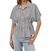 Burtell Casual Striped Button Down Shirts for Women Lapel V Neck Pleated Short Sleeve Blouse Peplum Tops Business Work Tops