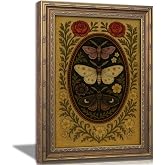 Vintage Gold Framed Butterfly Wall Art, Moody Moth Oil Painting Canvas Prints, Victorian Rose Gothic Picture Wall Decor, Dark Academia Poster, Romantic Botanical Wildflowers Artwork for Living Room