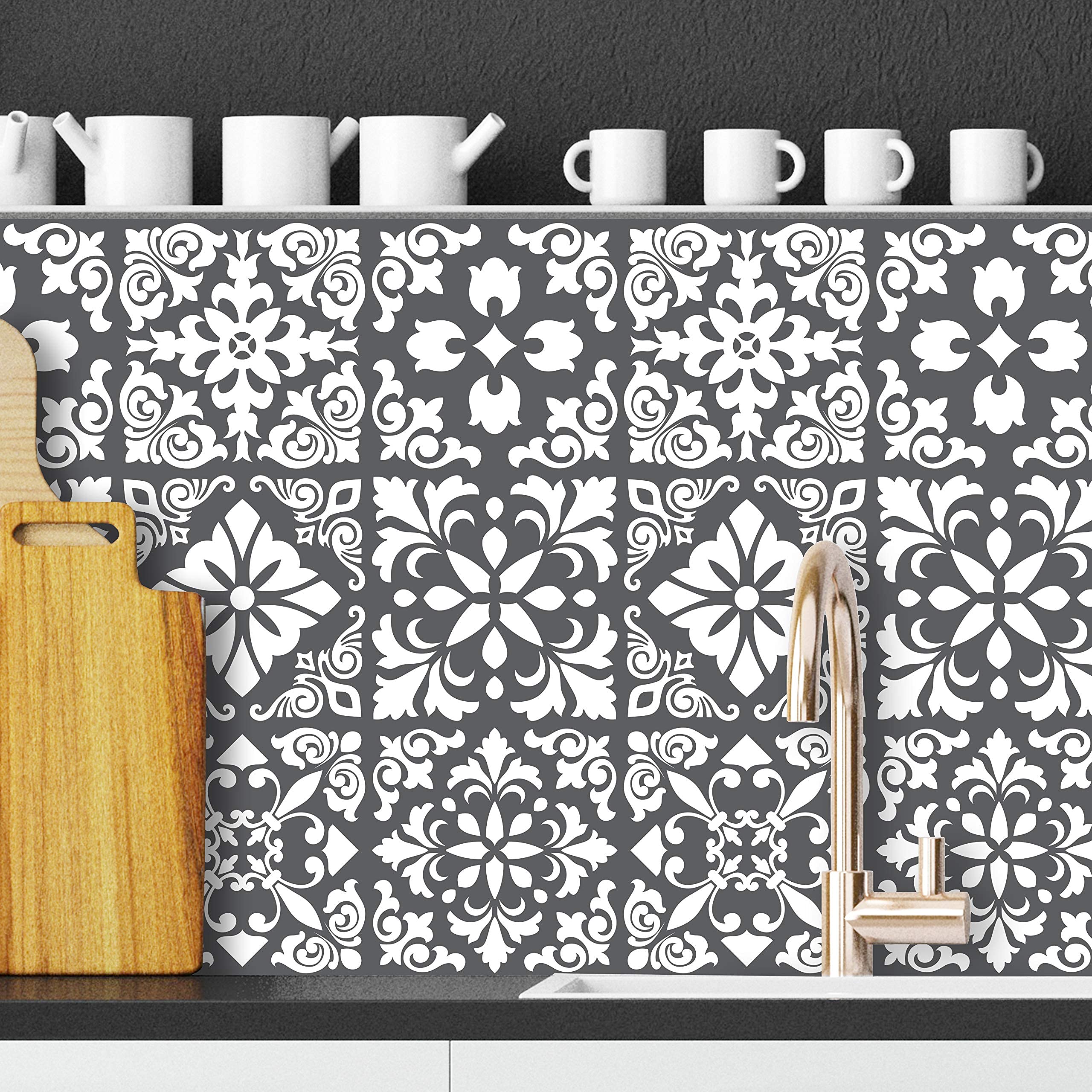 WALPLUS 24 pcs 15cm Dark Grey Spanish Renaissance Tiles Removable Peel and Stick Mosaic Tiles Vinyl Self Adhesive Backsplash Bathroom Kitchen Stick On Tile Paint Tile On Wall, WT1542..