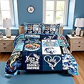 Manfei Go Fishing Kids Comforter Set Full Size,Bass Fish Hook Geometric Plaids Bedding Set,Boys Girls Adults Room Decor,Sea Waves Rustic Camper Down Comforter,Blue Fashion Duvet Insert,2 Pillowcases