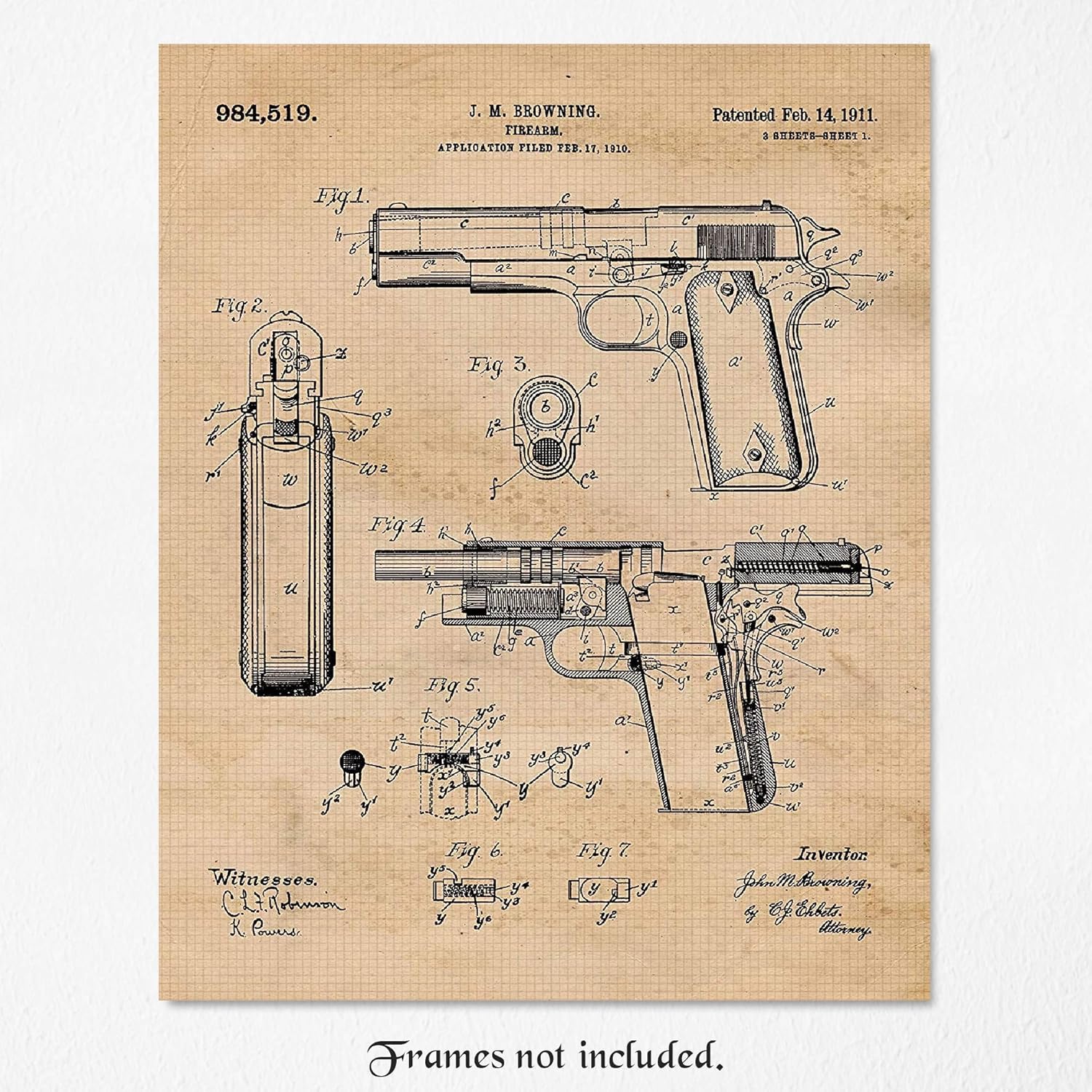 Vintage 1911 Colt 45 JM Browning Gun Patent Poster Prints, Set of 1 (11x14) Unframed Photo, Wall Art Decor Gifts Under 15 for Home, Office, Garage, College Student, Teacher, Cowboys, NRA & Movies Fan