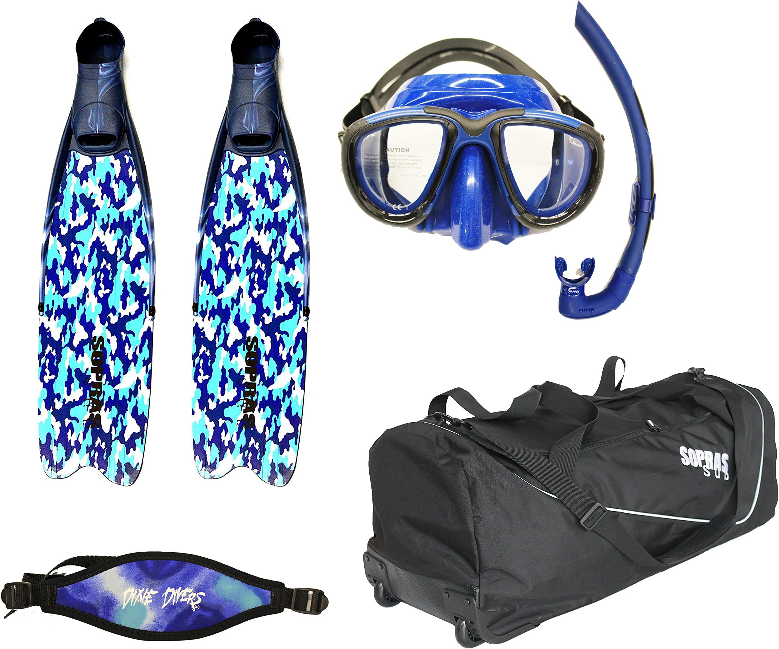 Sopras Sub Scuba Diver Package with New Travel Rolling Bag Modular CAMO Fins Detachable Blade Size XLarge Mares Tana Mask Mares Dual Snorkel DXDiver Neoprene Mask Strap Blue freediving luggage scuba