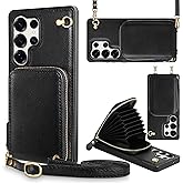 JAKPAK for Samsung Galaxy S25 Ultra Case with Card Slots Holder Zipper Leather Cover with Crossbody Lanyard Cell Pocket Phone Wallet RFID Blocking Handbag Purse 6.9inch Black