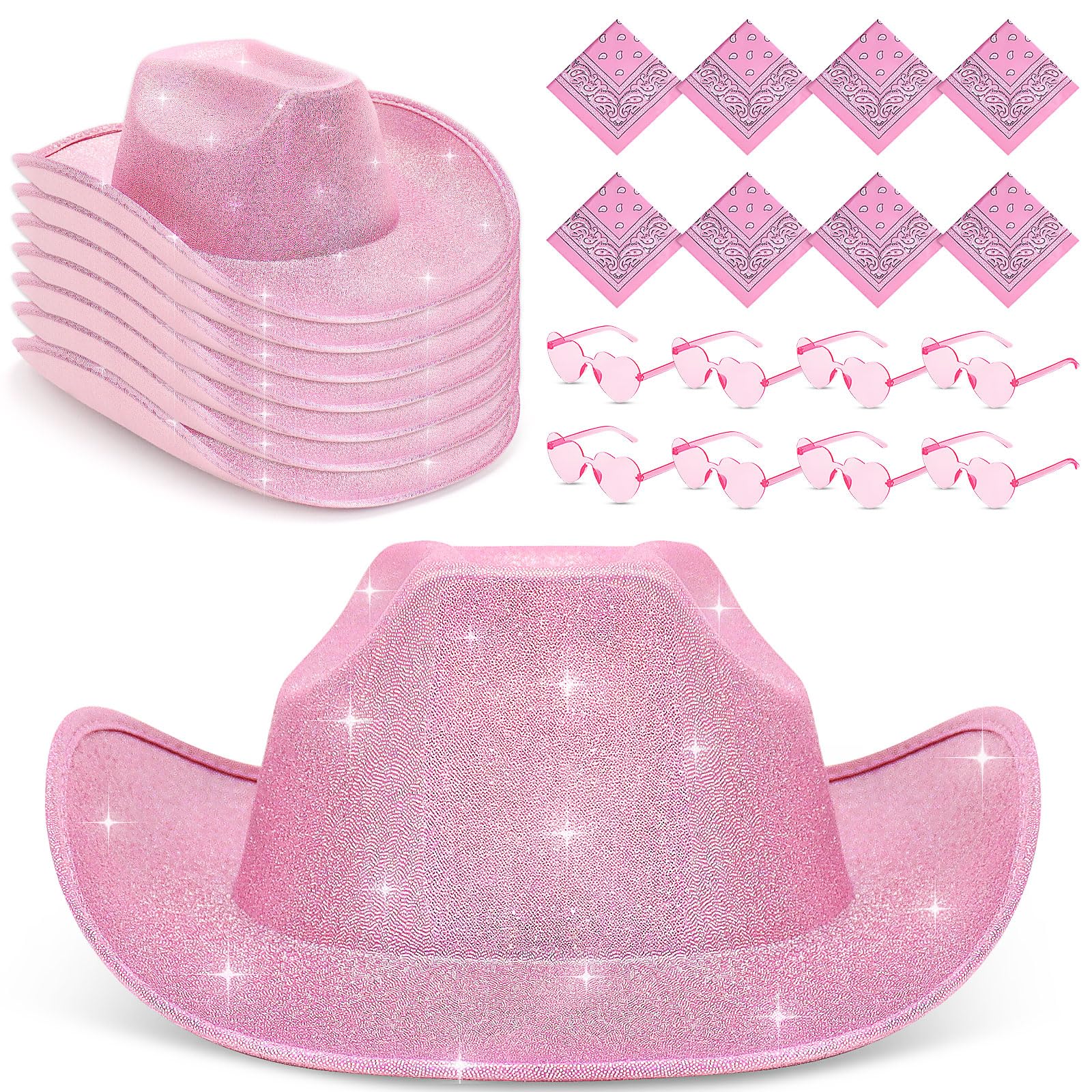 ASMIZ 24 Pack Pink Cowgirl Hats for Women, Adults Cowgboy Hats Bulk with Bandana and Glasses, Adjustable Cowboy Party Hats for Costume Birthday Wedding, Hen Party