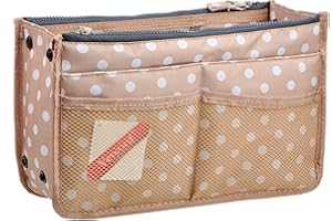 Vercord Updated Purse Handbag Organizer Insert Liner Bag in Bag 13 Pockets Beige Dot Small