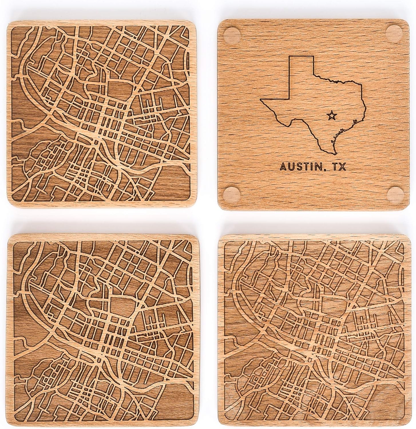 Greenline Goods Beech Wood Coasters Etched Wooden Coaster Set for Austin Lovers | Set of 4 | Etched with Austin Map and State of Texas | 2 Sided | Includes Protective Silicone Furniture Pads