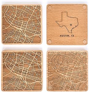 Greenline Goods Beech Wood Coasters Etched Wooden Coaster Set for Austin Lovers | Set of 4 | Etched with Austin Map and State of Texas | 2 Sided | Includes Protective Silicone Furniture Pads