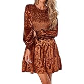 Umimore Women's Winter Crushed Velvet Mini Dress Solid Casual Round Neck Long Sleeve Smocked Tiered High Waist Short Dresses
