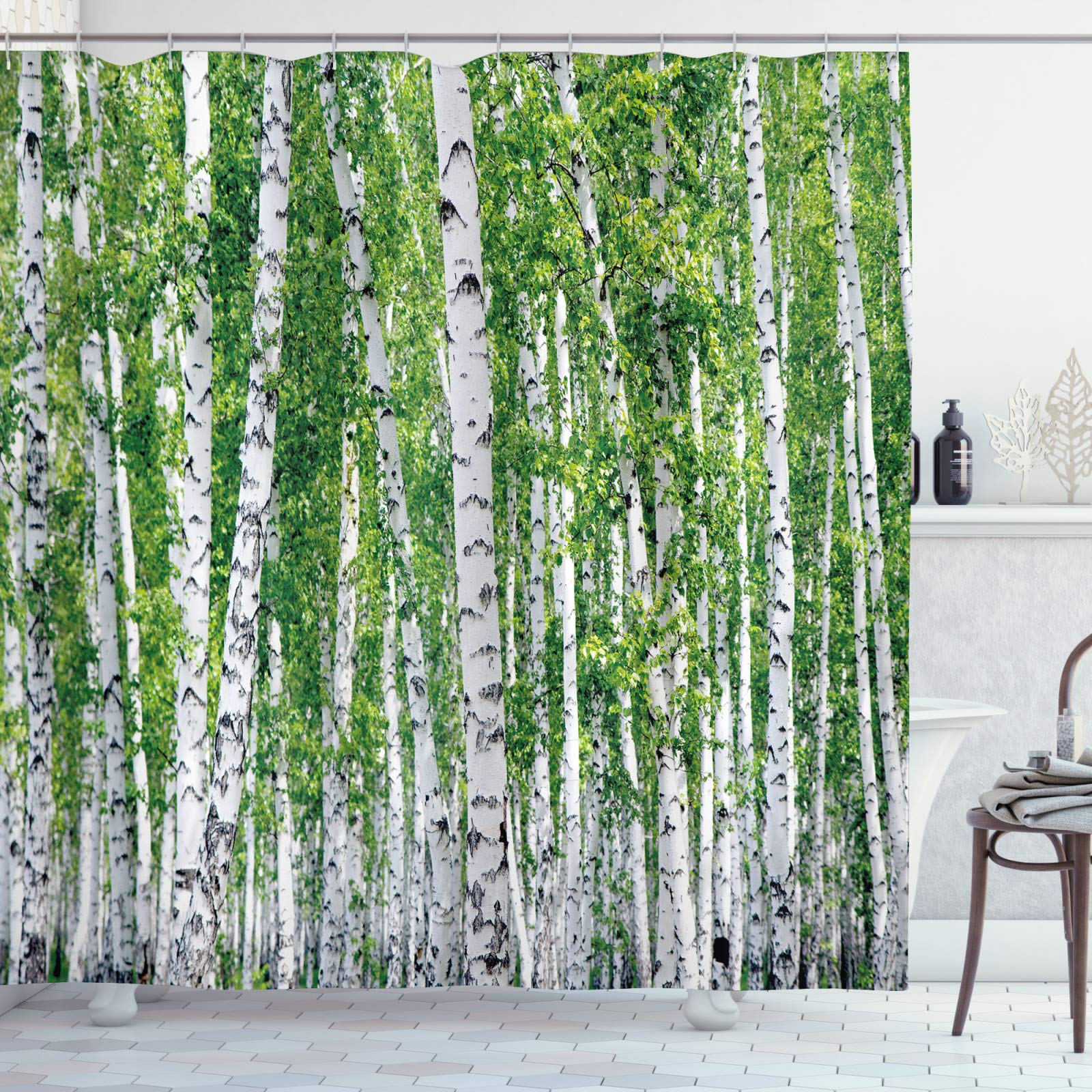 ABAKUHAUS Birch Tree Shower Curtain, Fresh Green Leaves Summer Forest Rural Landscape Environmental Image, Cloth Fabric Bathroom Decor Set with Hooks, 86" Inches, Black Green White