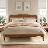PHI VILLA Solid Wood King Size Bed Frame with Adjustable Headboard | Mid Century Boho Rattan Platform Bedframe for Bedroom, No Box Spring Needed, Brown