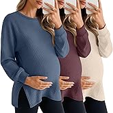 Sweetyweee 3 Pack Women's Maternity Shirts Long Sleeve Waffle Knit Side Split Oversized Tops Fall Tees Pregnancy Clothes(Blue, Fuchsia, Beige,Large)