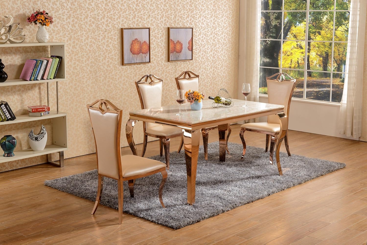 Rose Gold Dining Set Metal White Marble Top Dining Table Chairs Faux Leathers 6 Amazon Co Uk Home Kitchen