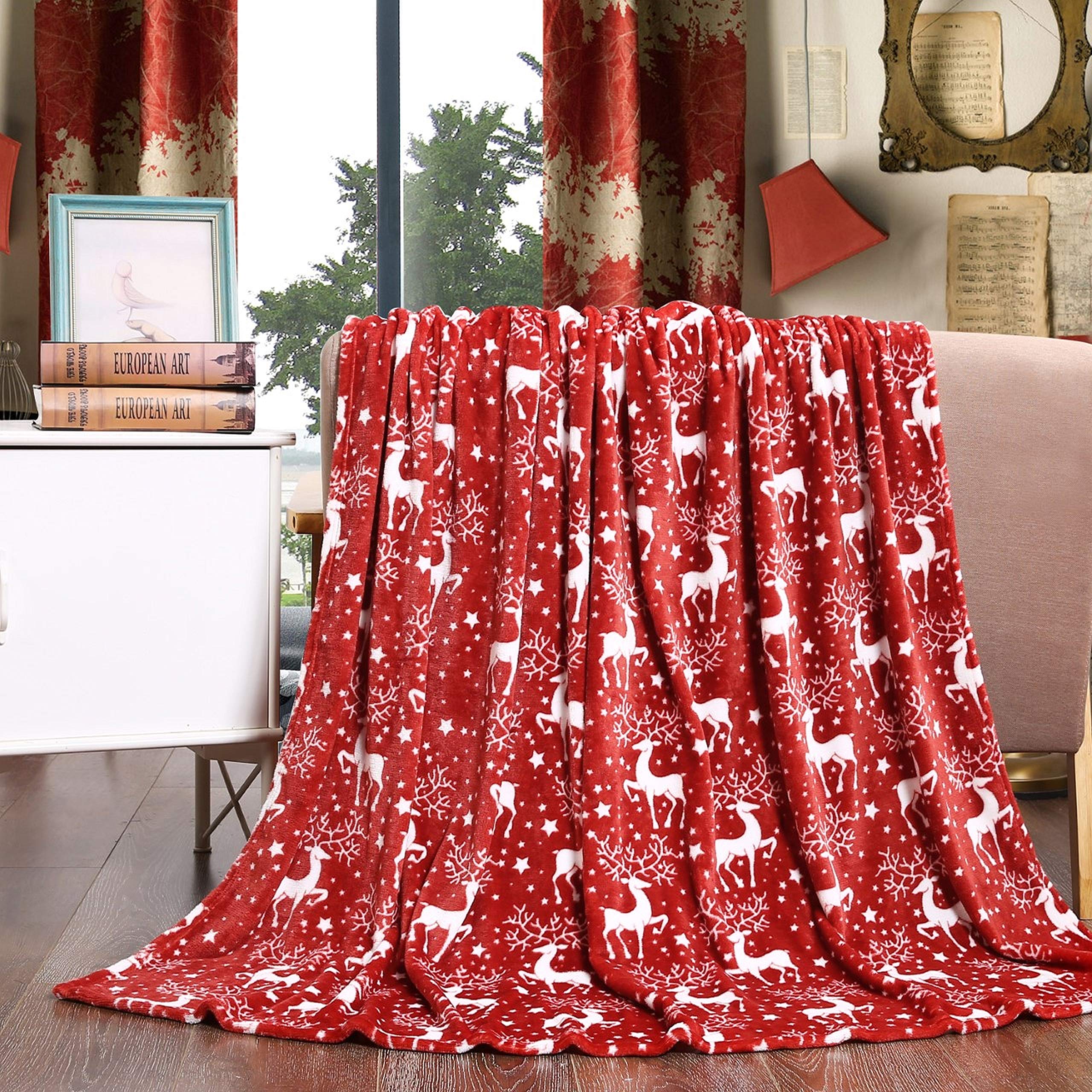 Valerian Luxury Velvet Touch Ultra Plush Christmas Blanket |Soft, Warm, Cozy |Holiday Printed Fleece Throw/Blanket - 50" x 60inch Reindeer Stars