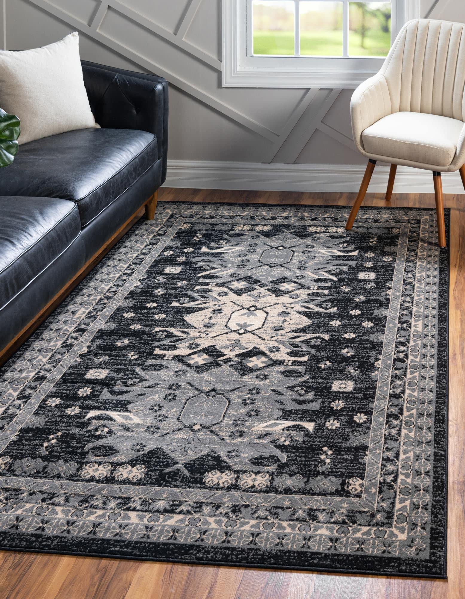 Unique Loom Taftan Collection Border Geometric Tribal Inspired Design Area Rug (9' 0 x 12' 0 Rectangular, Black/ Gray) Image